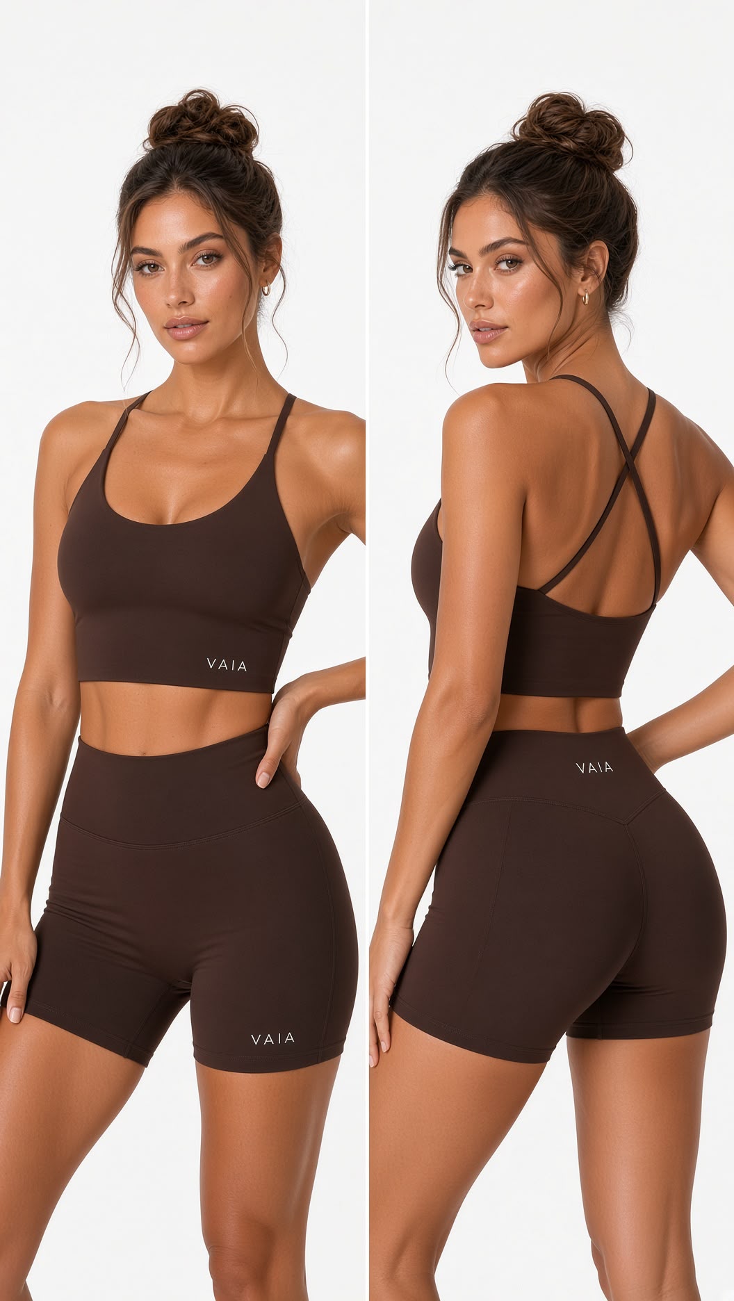 A model shown in two views wearing a matching dark brown activewear set from VAIA, featuring a sports bra and high-waisted biker shorts, against a plain white background.