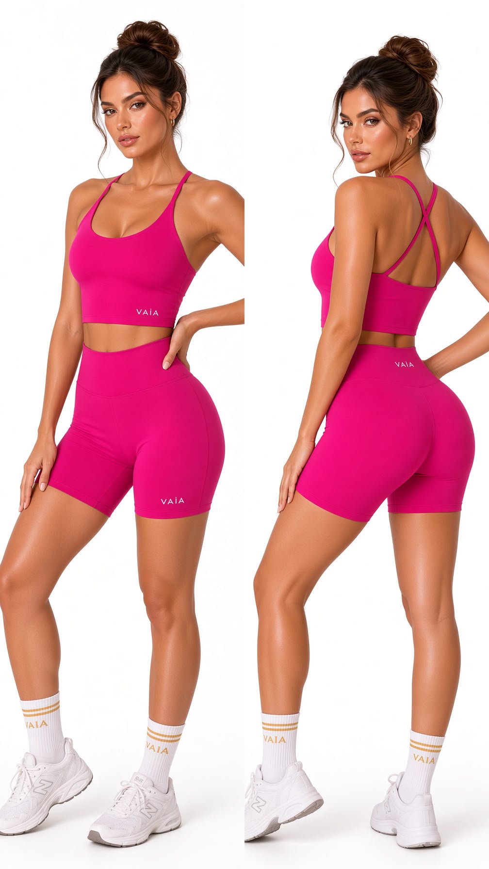 A model is shown in two views (front and back) wearing a bright pink athletic set consisting of a sports bra and high-waisted shorts. The brand name 'VAIA' is visible on the shorts and socks.