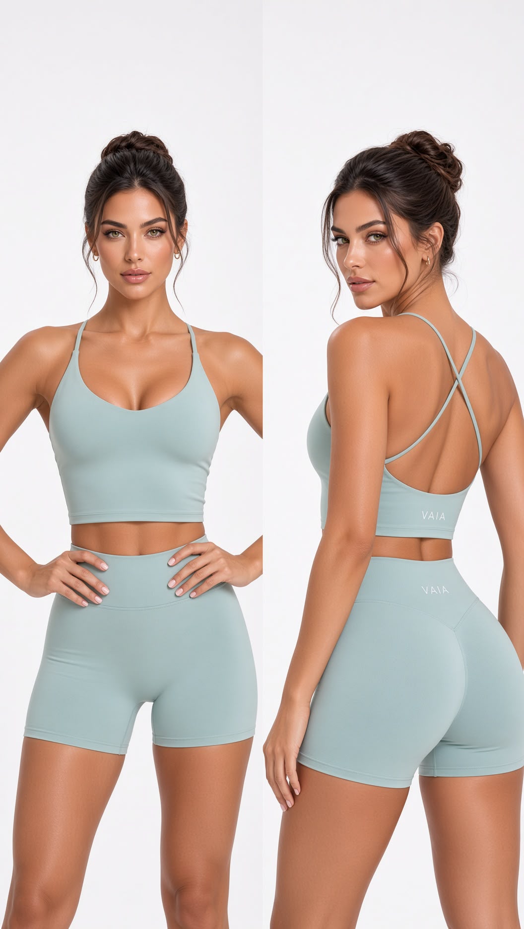 A model is shown from the front and back wearing a matching light sage green activewear set consisting of a sports bra and high-waisted biker shorts, against a plain white background.