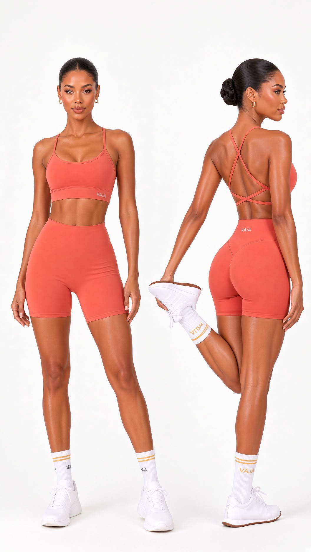 A model is shown from the front and back wearing a coral pink athletic set consisting of a sports bra and biker shorts, paired with white socks and sneakers, against a plain white background.