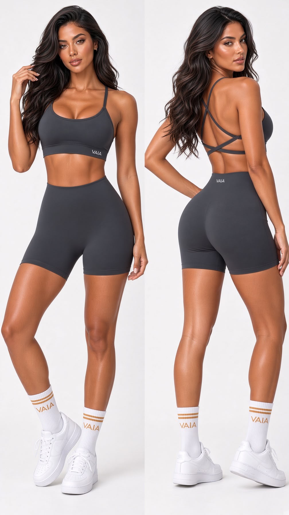 A model is shown from the front and back wearing a dark gray athletic set consisting of a sports bra and high-waisted biker shorts. The set has a small white 'VALA' logo on the front of the sports bra and the back waistband of the shorts.