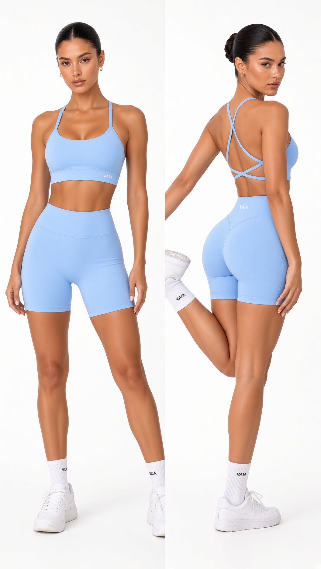 A model is shown in a studio setting from the front and back wearing a light blue sports bra and matching high-waisted biker shorts. The image features a clean white background with a vertical split-screen layout showing both views.