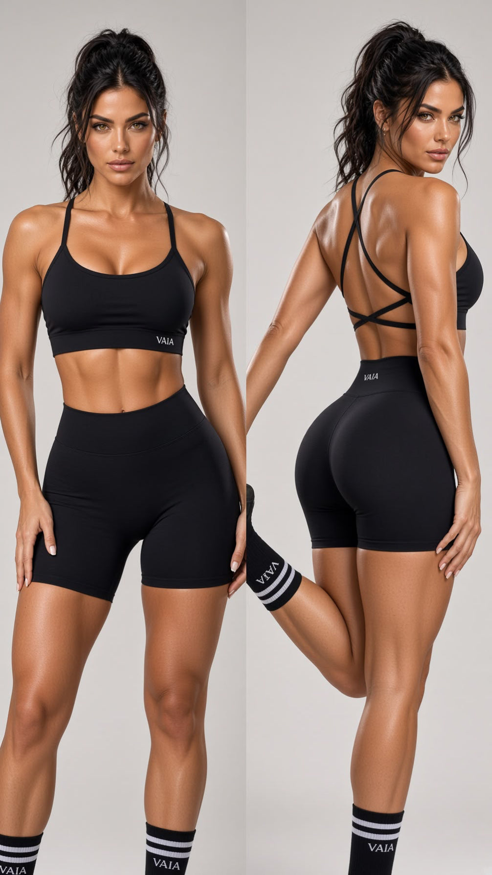 Two views of a woman modeling a black athletic set consisting of a sports bra and high-waisted biker shorts, with matching black socks. The front view is on the left and the back view is on the right, set against a plain light gray studio background.
