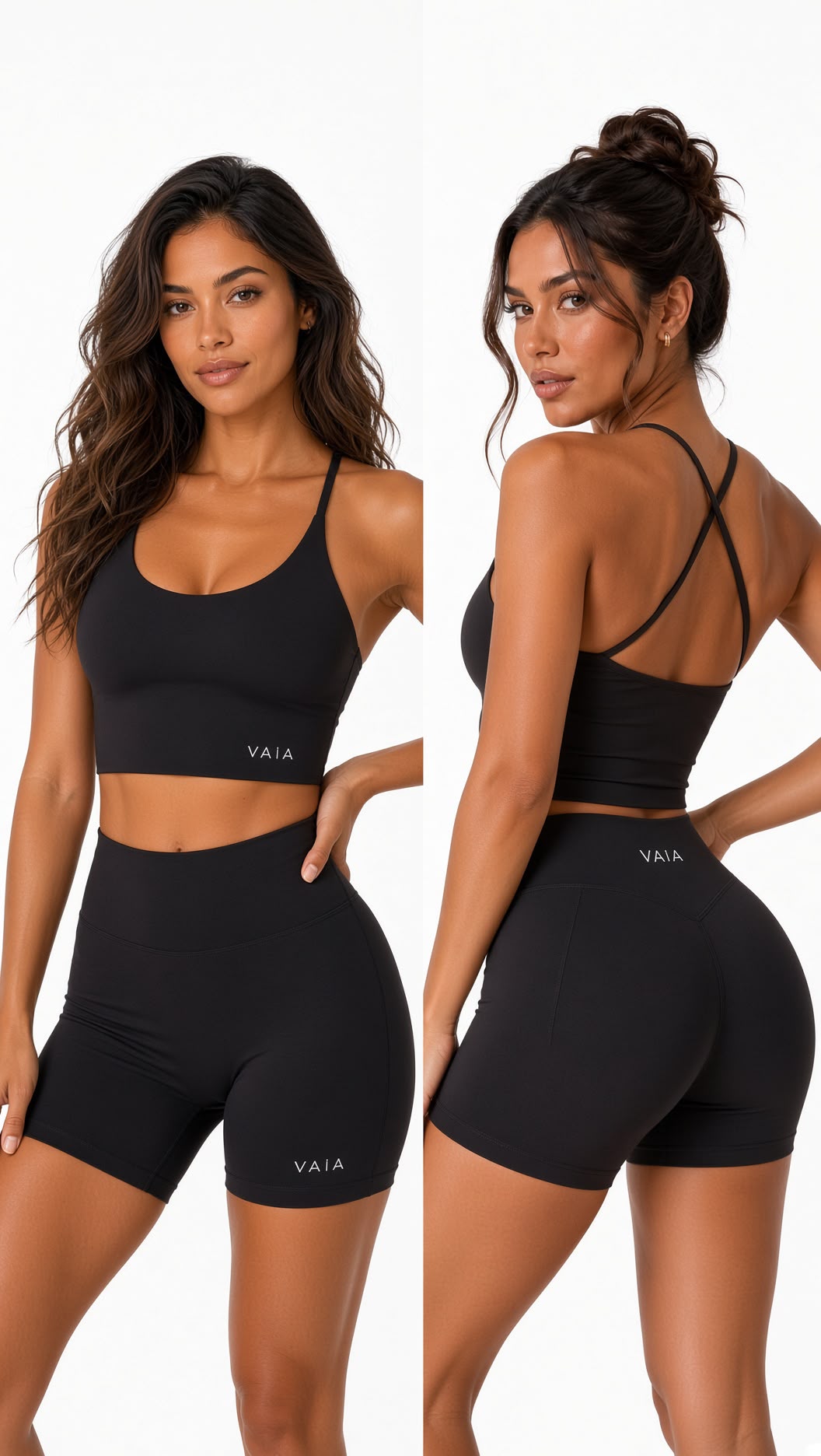 A model shown in two views wearing a black athletic set consisting of a sports bra and matching biker shorts. The left view shows the front of the black sports bra with the brand name 'VAIA' printed on the front, and the right view shows the back of the sports bra with crisscross straps.