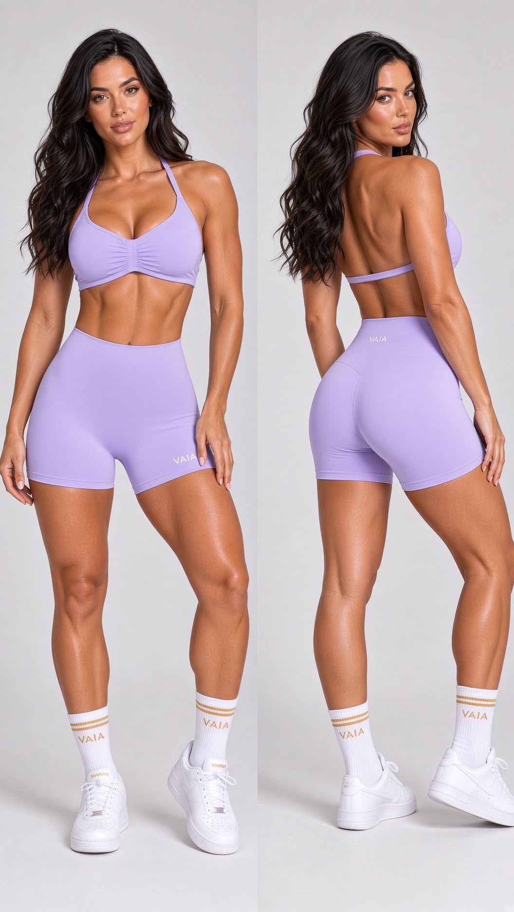 A model is shown in two views (front and back) wearing a light purple/lavender athletic set consisting of a sports bra and high-waisted shorts. The brand name 'YALI' is visible on the socks and a small logo on the shorts.